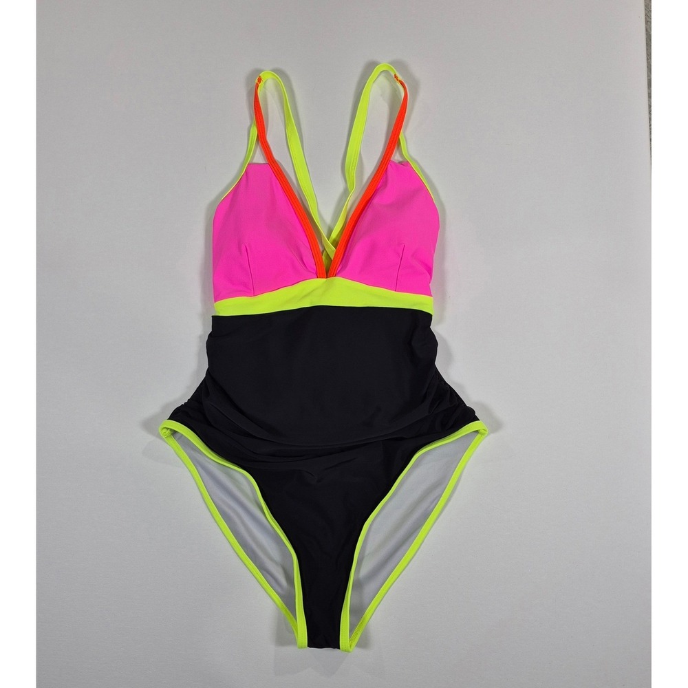 Popvil Neon ‎ Ruched One Piece Swimsuit Black Pink Yellow Tummy Control  NWT XL